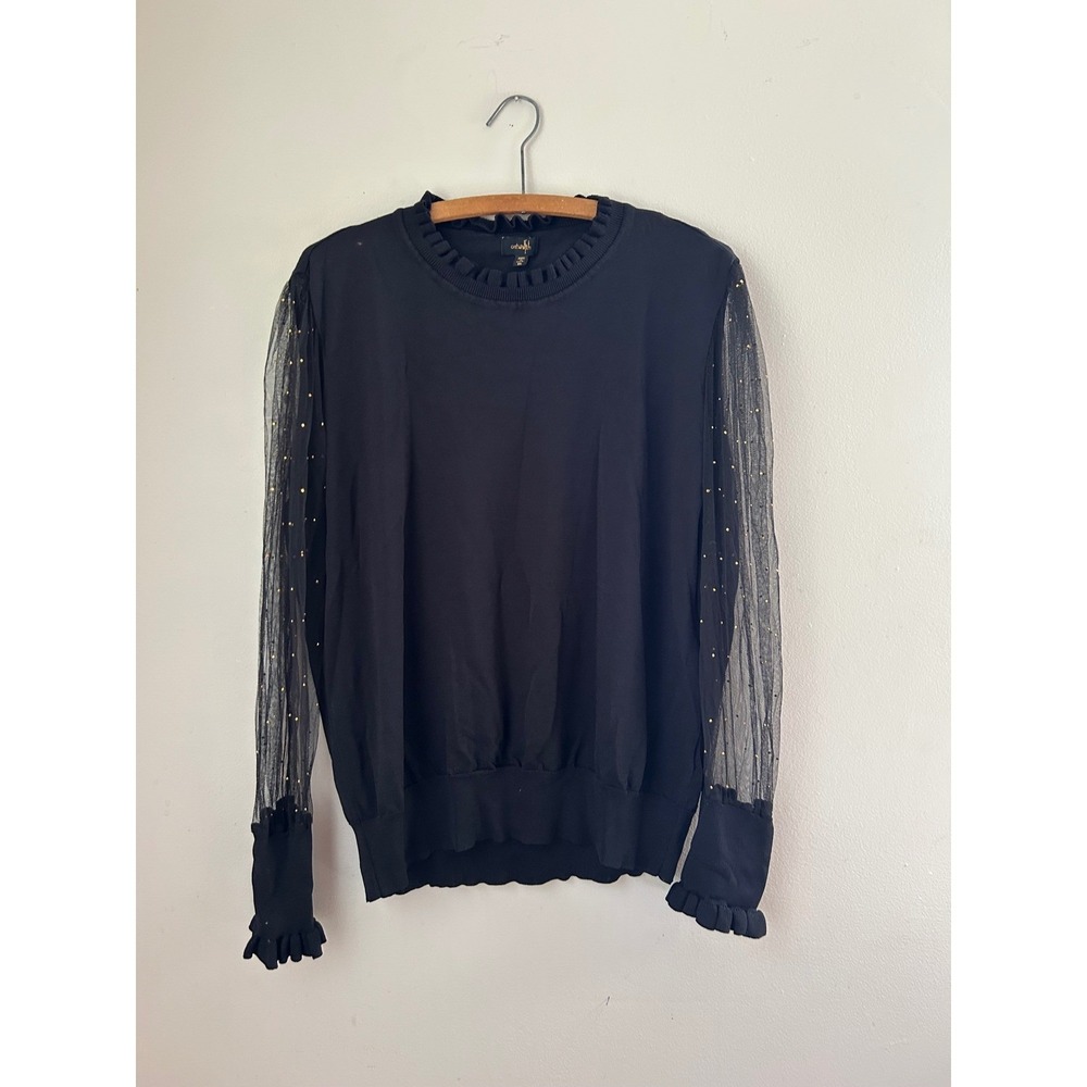 Ontweifth Womens 2X Black Gold Sheer Sleeve Ruffle Trim Knit‎ Top Sweater